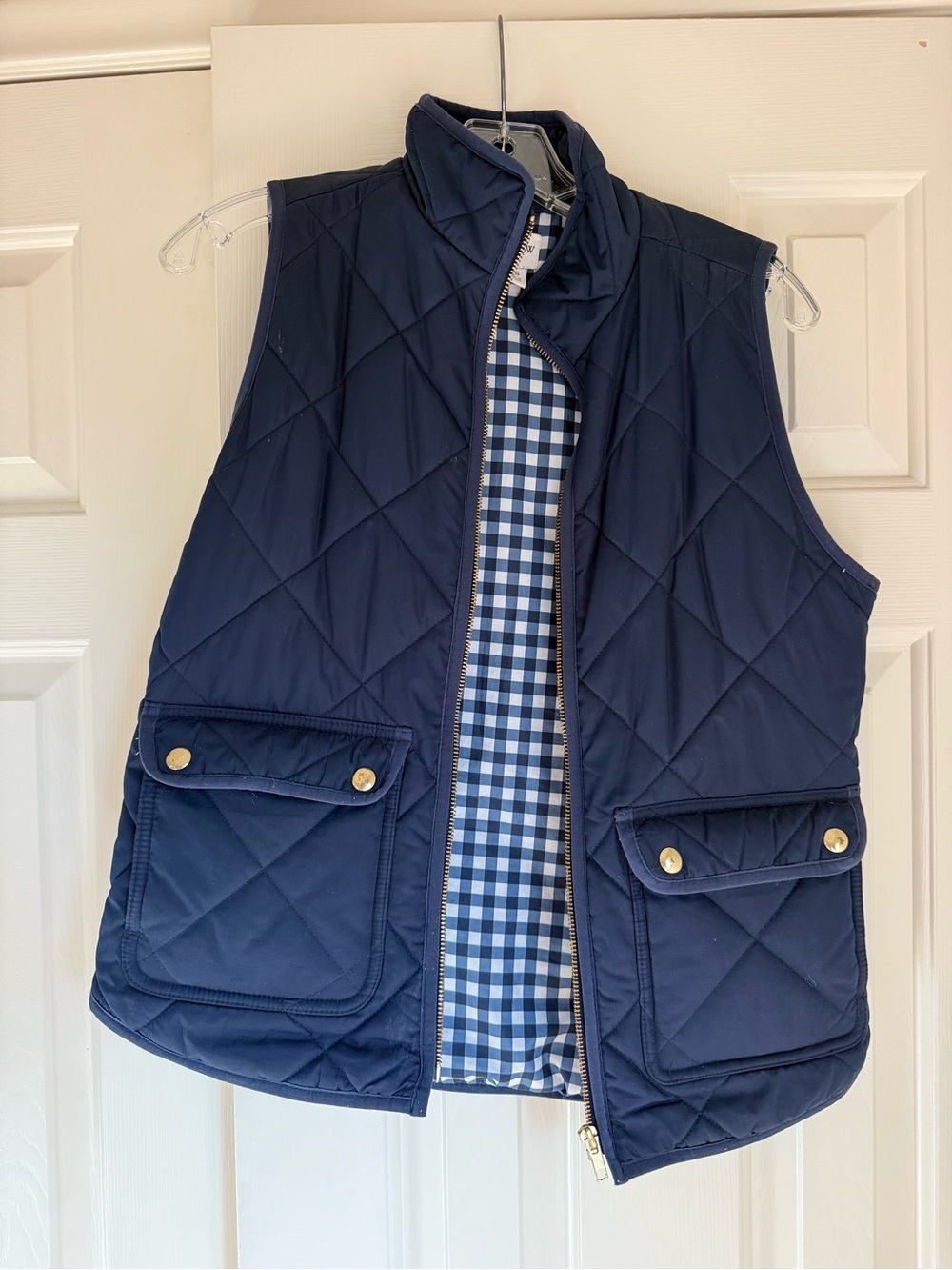 J. Crew Quilted Navy Vest with Gingham Lining